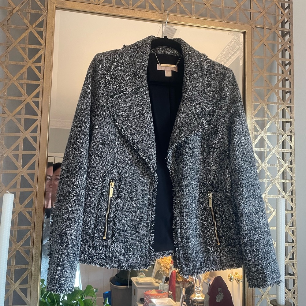 Women's Michael Kors Frayed Tweed Bouclé Jacket/Charcoal/White/Size 6